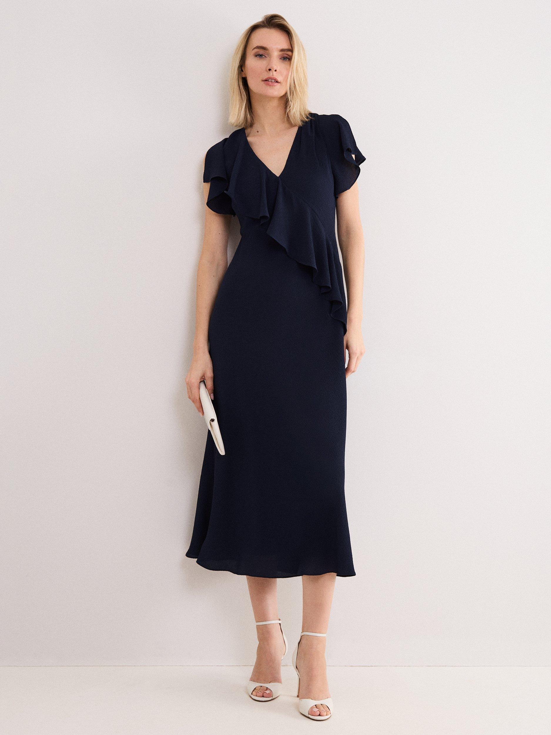 Product image 1 of 9, which shows Phase Eight Cosette Ruffle Midi Dress, Navy, 6