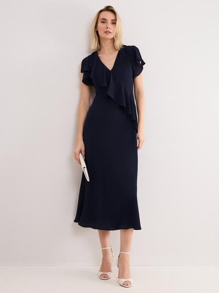 Phase Eight Cosette Ruffle Midi Dress, Navy, Navy