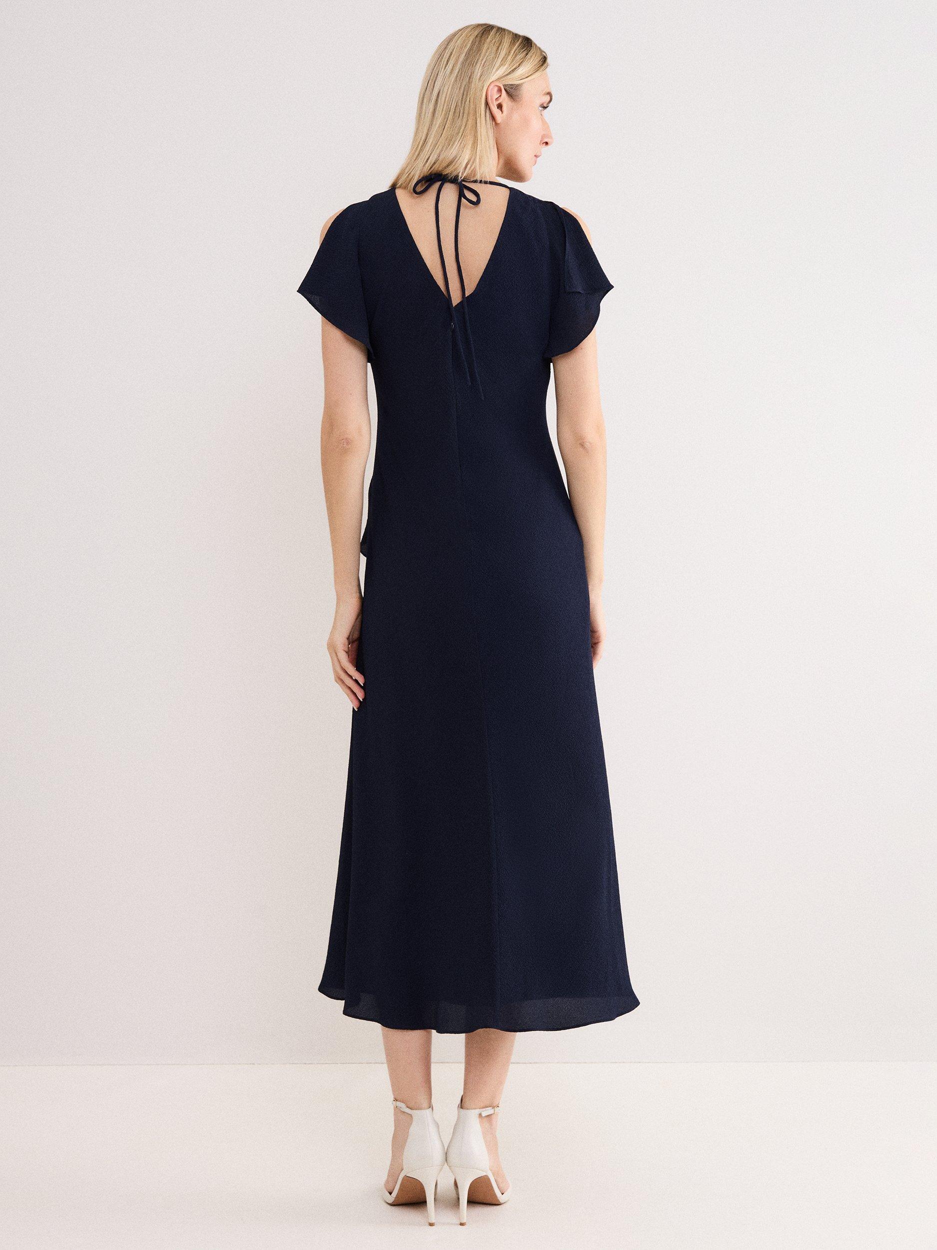 Product image 2 of 9, which shows Phase Eight Cosette Ruffle Midi Dress, Navy, 6