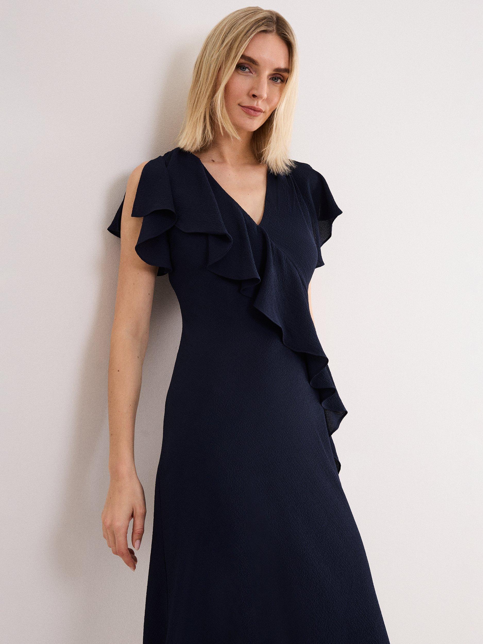 Product image 3 of 9, which shows Phase Eight Cosette Ruffle Midi Dress, Navy, 6