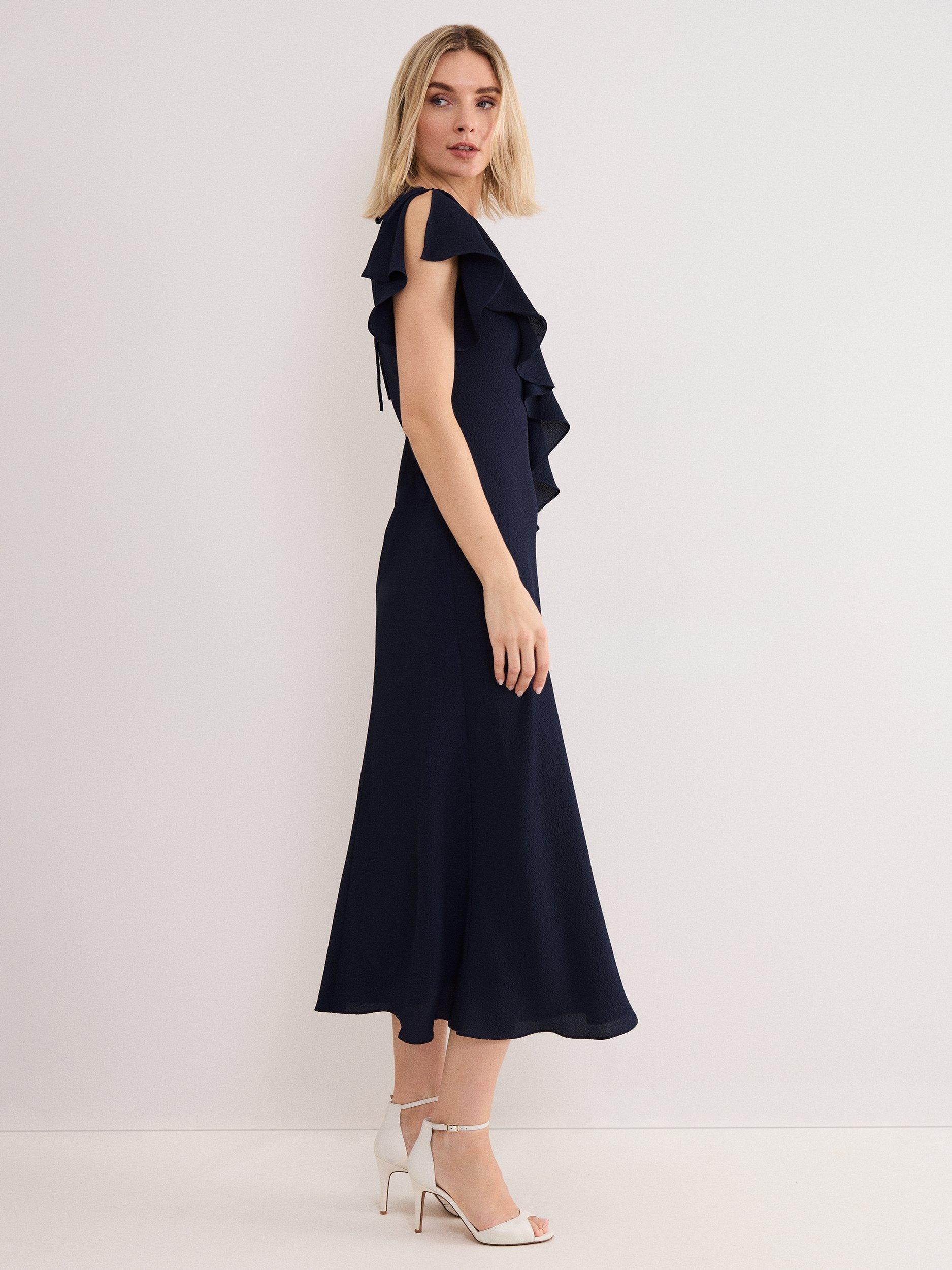Product image 9 of 9, which shows Phase Eight Cosette Ruffle Midi Dress, Navy, 6