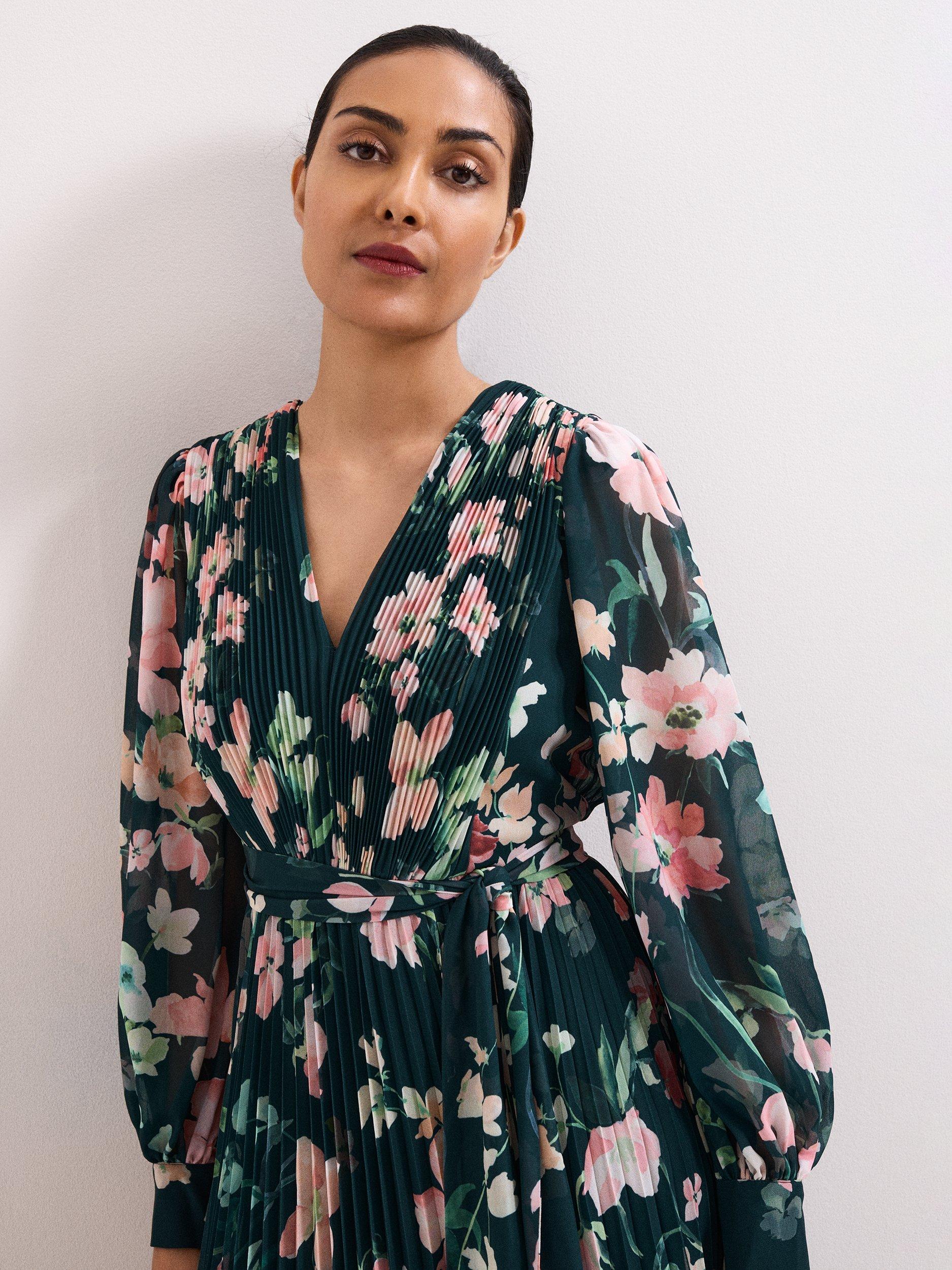 Product image 4 of 7, which shows Phase Eight Petite Rosa Plisse Maxi Dress, Teal, 20