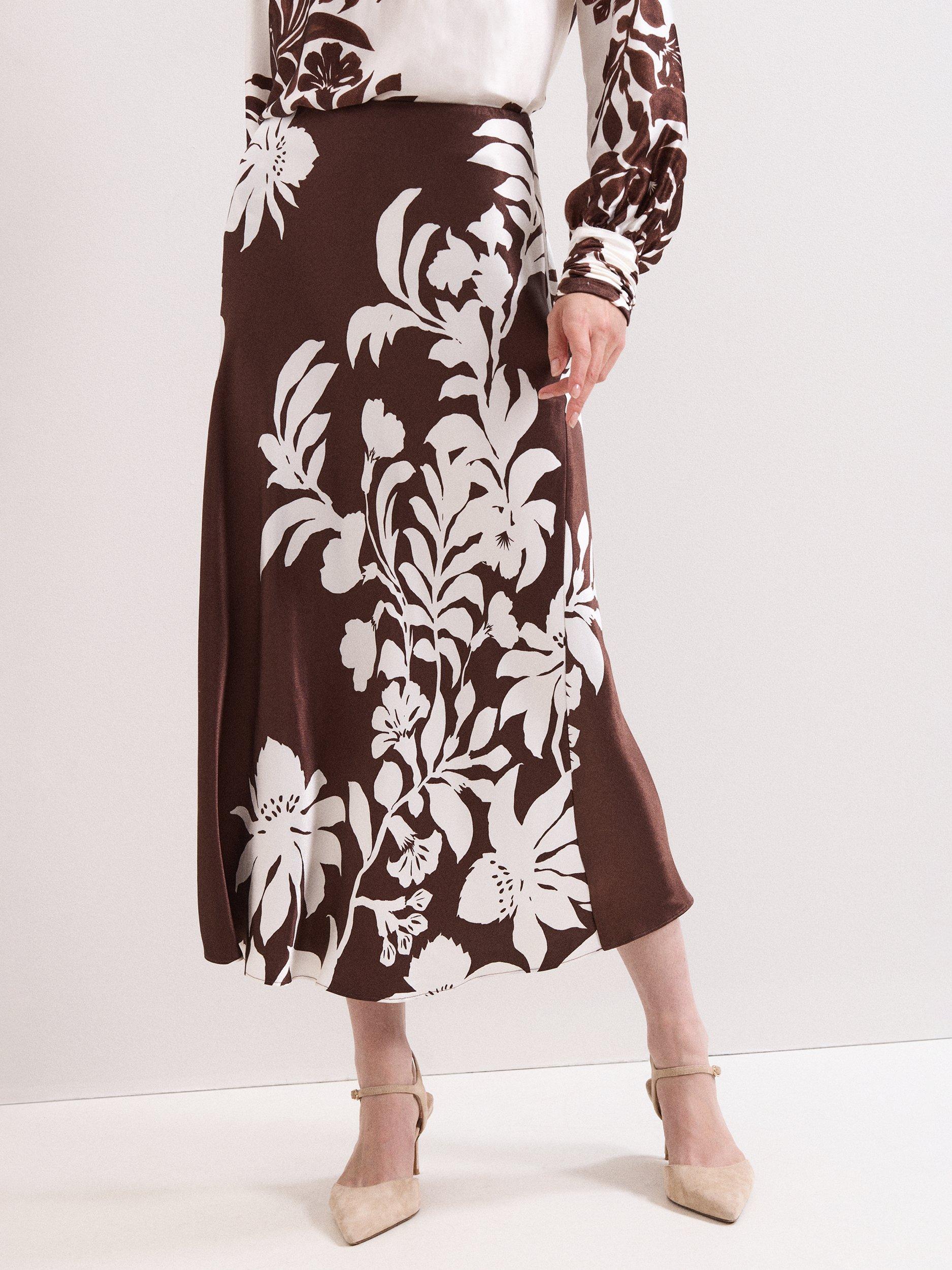 Product image 1 of 8, which shows Phase Eight Hattie Floral Satin Skirt, Brown, 8