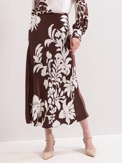 Phase Eight Hattie Floral Satin Skirt, Brown, Brown