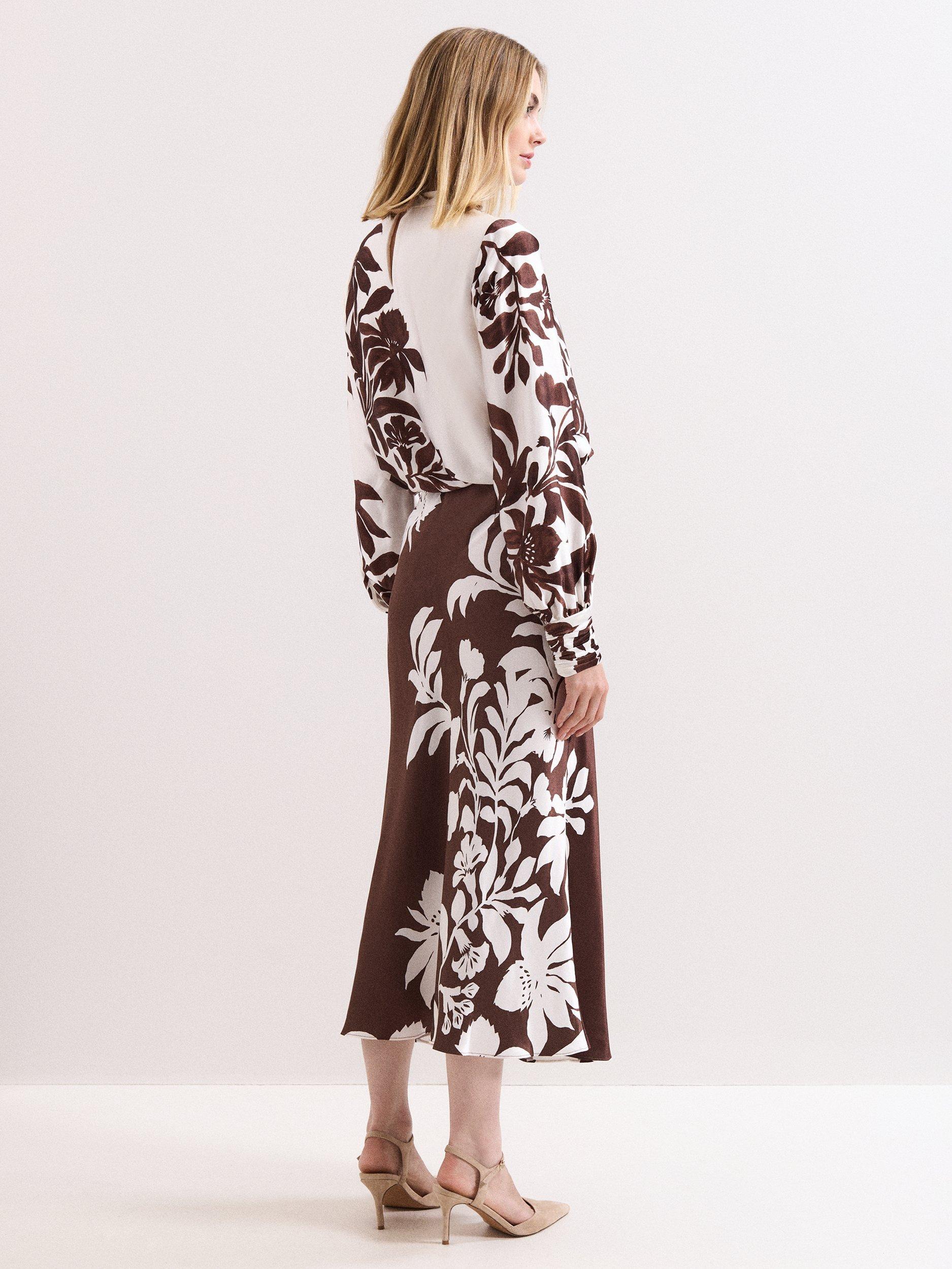 Product image 2 of 8, which shows Phase Eight Hattie Floral Satin Skirt, Brown, 8