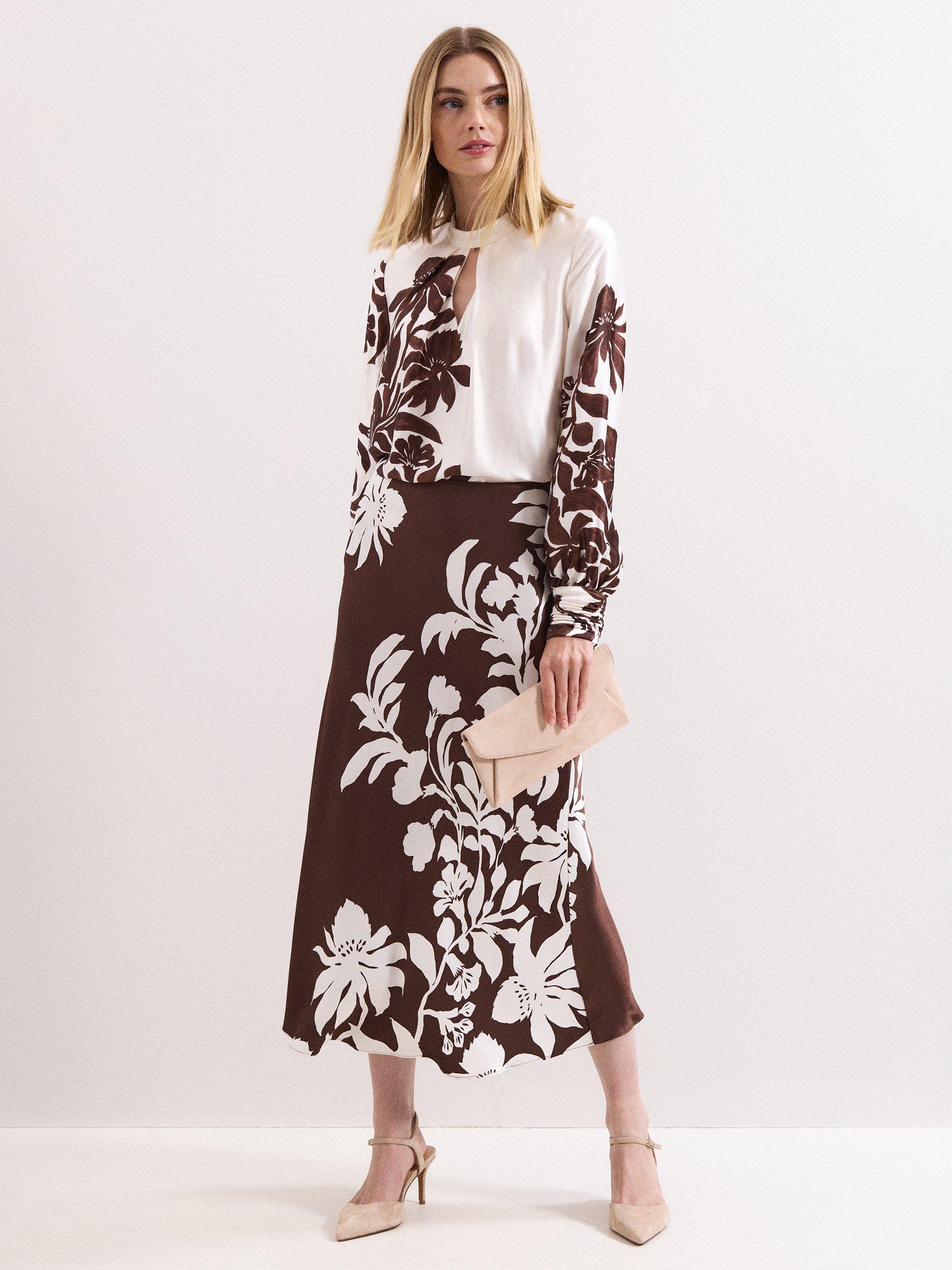 Product image 3 of 8, which shows Phase Eight Hattie Floral Satin Skirt, Brown, 8