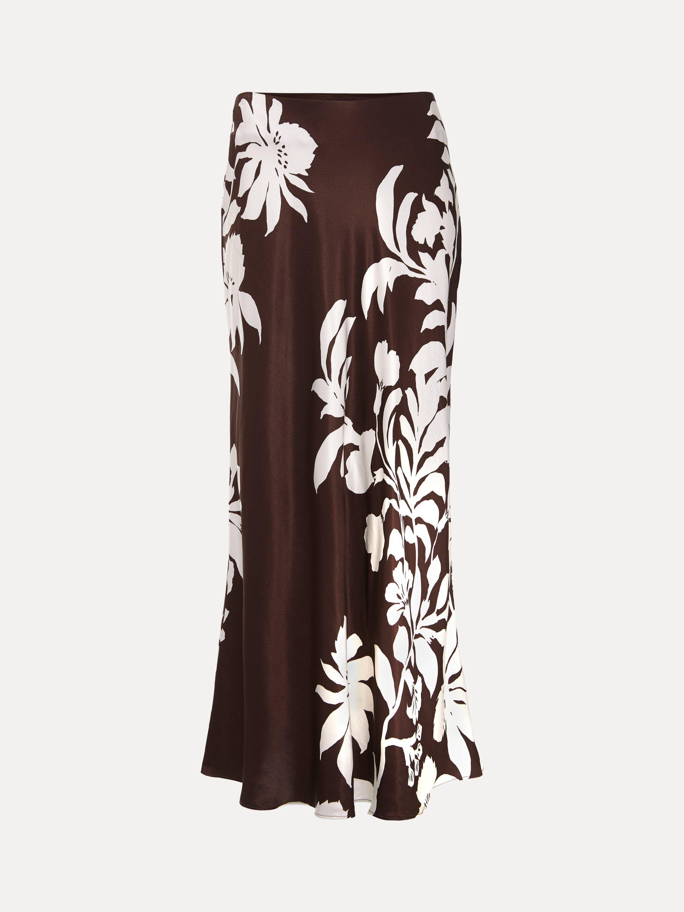 Product image 5 of 8, which shows Phase Eight Hattie Floral Satin Skirt, Brown, 8
