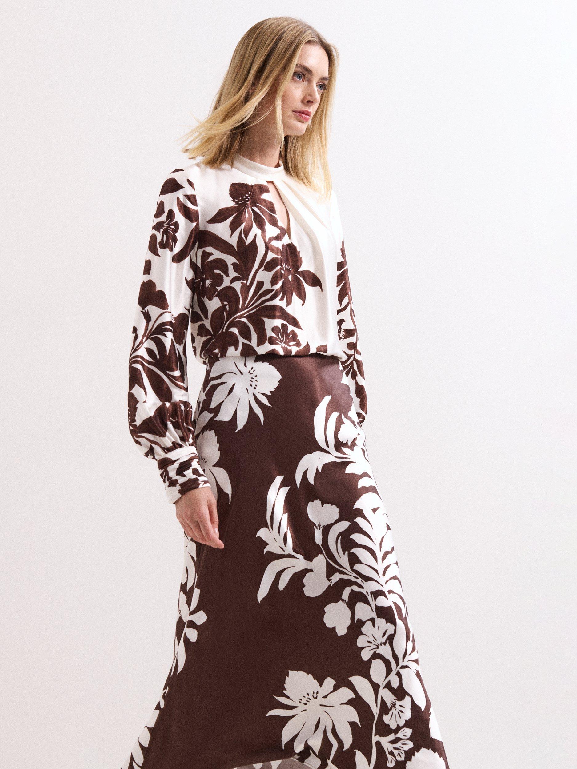Product image 7 of 8, which shows Phase Eight Hattie Floral Satin Skirt, Brown, 8