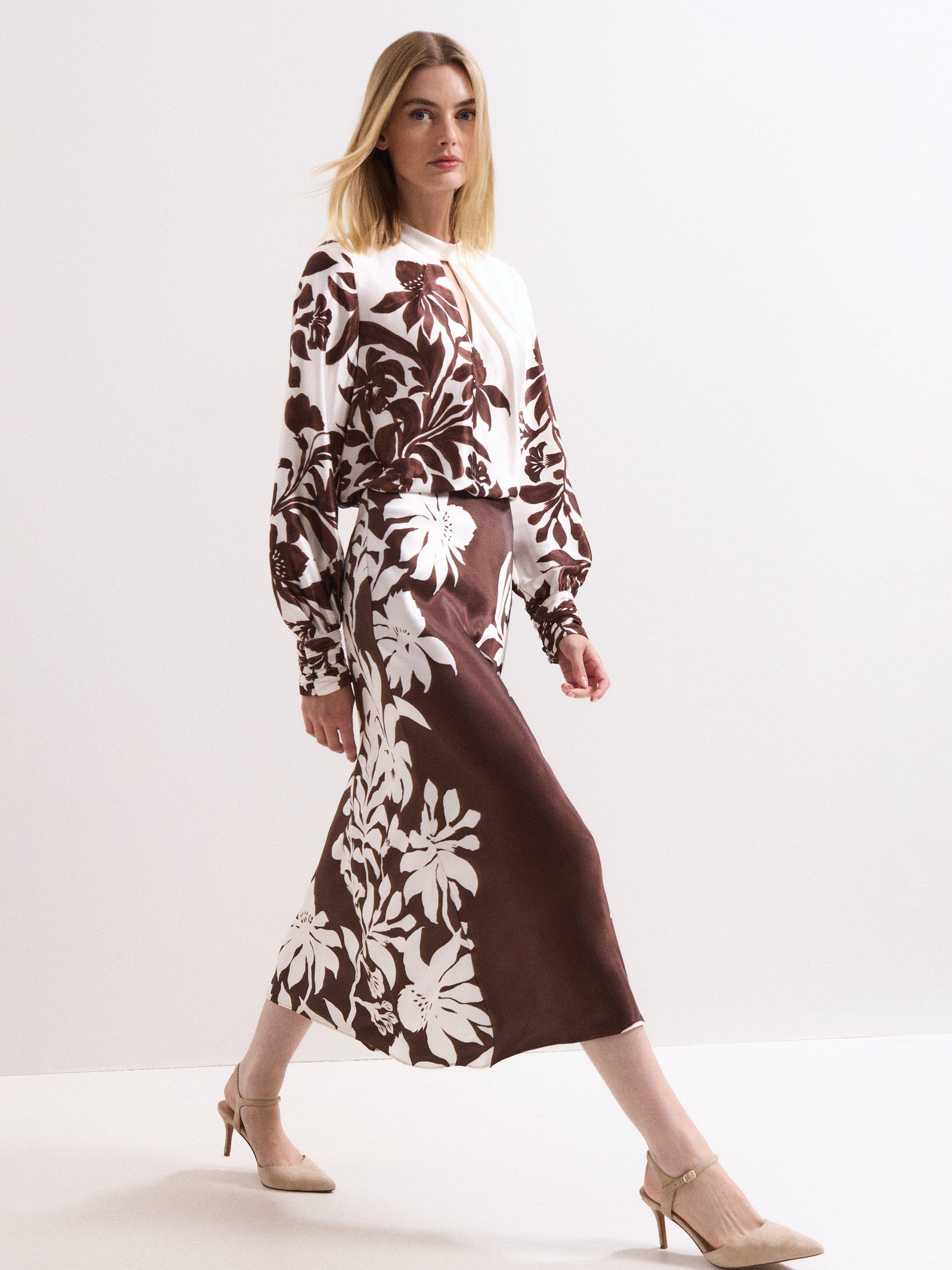 Product image 8 of 8, which shows Phase Eight Hattie Floral Satin Skirt, Brown, 8