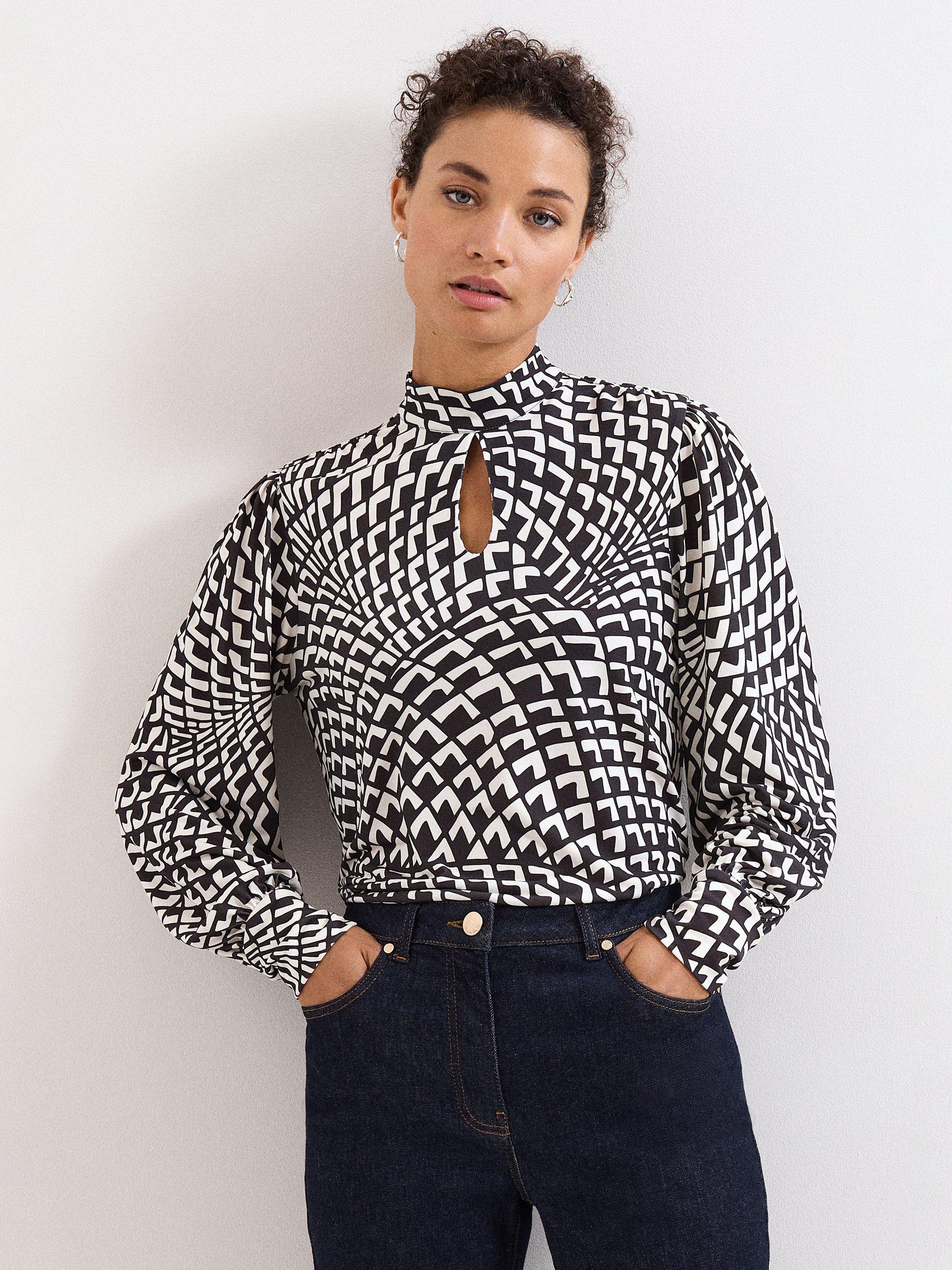 Product image 1 of 7, which shows Phase Eight Isla Geometric Print High Neck Jersey Top, Brown, 8