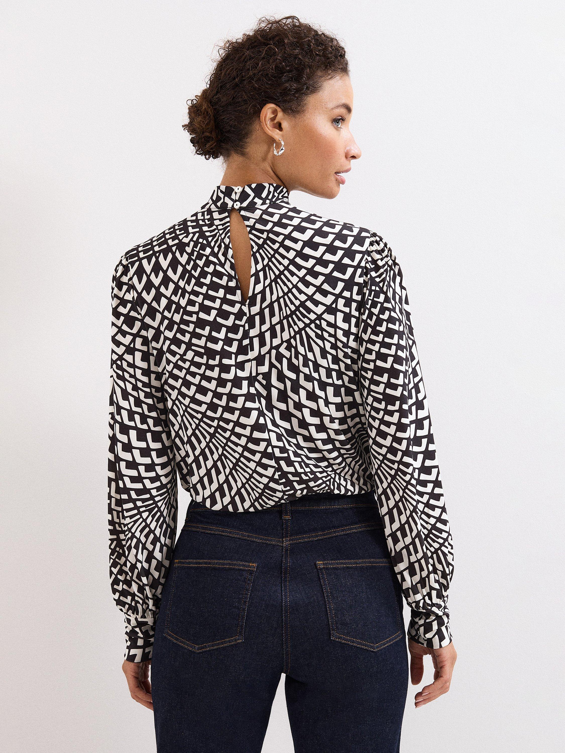 Product image 2 of 7, which shows Phase Eight Isla Geometric Print High Neck Jersey Top, Brown, 8