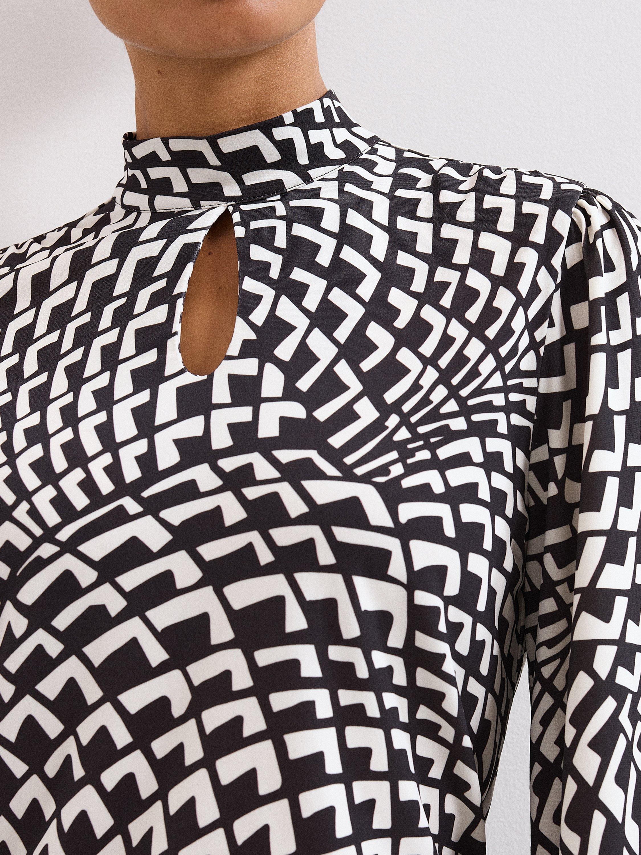 Product image 7 of 7, which shows Phase Eight Isla Geometric Print High Neck Jersey Top, Brown, 8