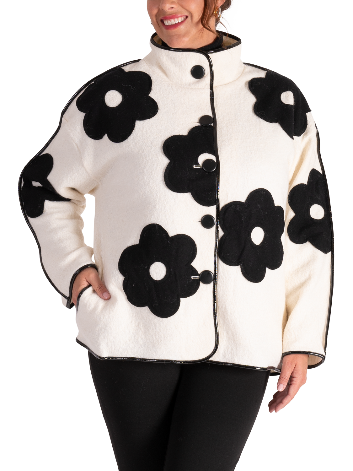 Product image 1 of 6, which shows chesca Floral Appliqué Textured Jacket, Winter White/Black, 12-14