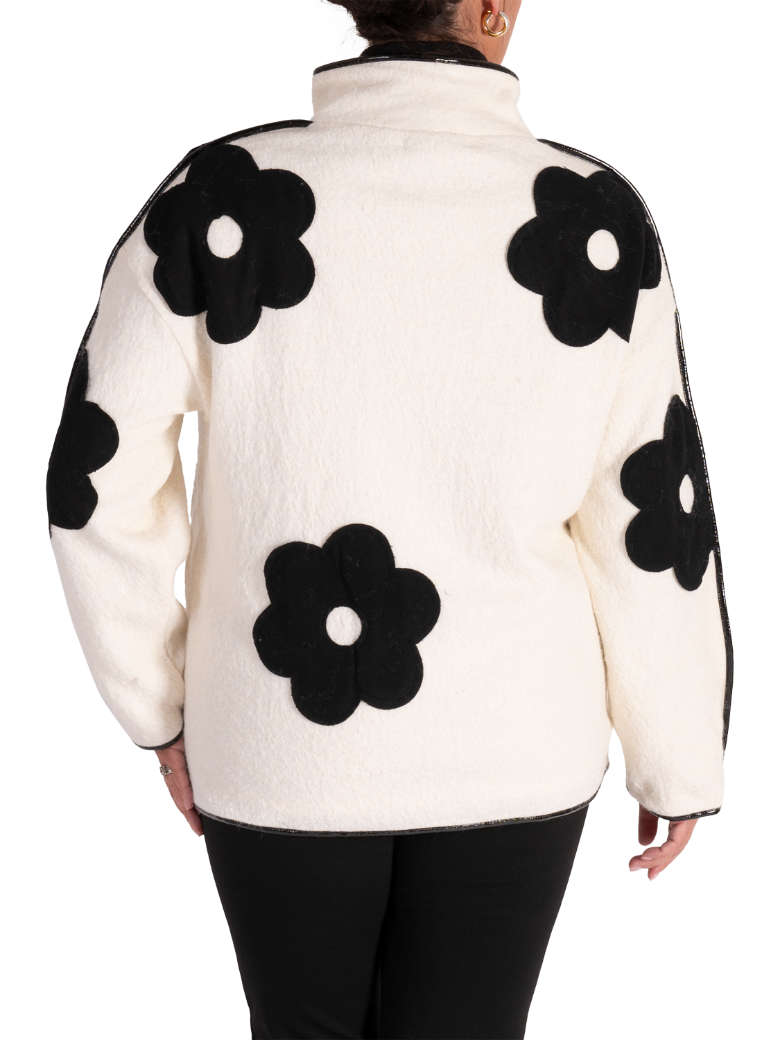Product image 2 of 6, which shows chesca Floral Appliqué Textured Jacket, Winter White/Black, 12-14