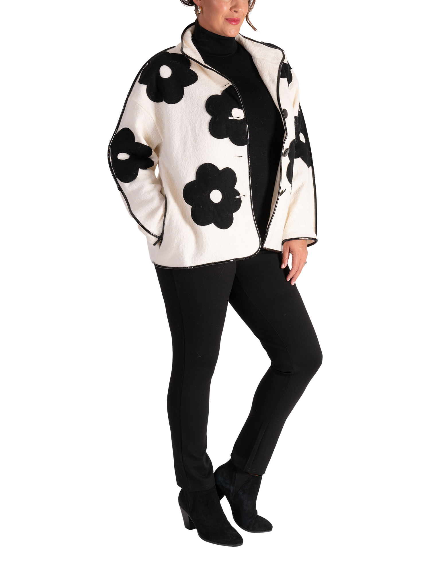 Product image 3 of 6, which shows chesca Floral Appliqué Textured Jacket, Winter White/Black, 12-14