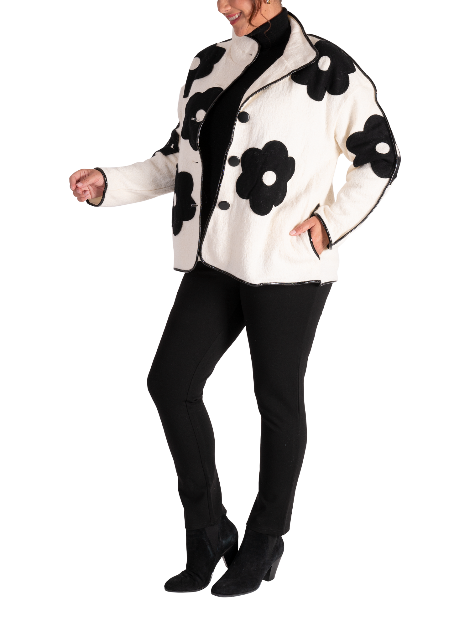 Product image 4 of 6, which shows chesca Floral Appliqué Textured Jacket, Winter White/Black, 12-14