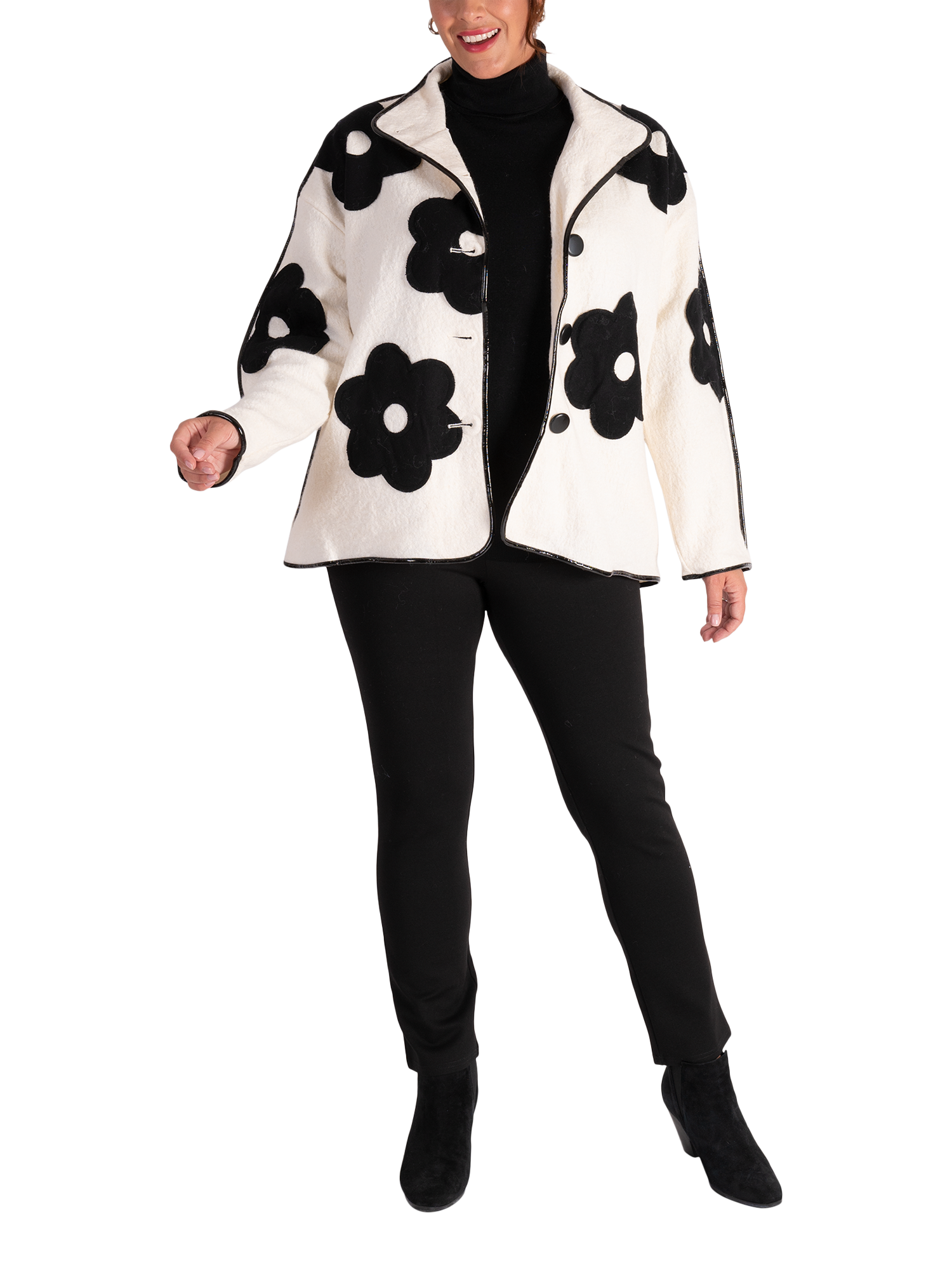 Product image 5 of 6, which shows chesca Floral Appliqué Textured Jacket, Winter White/Black, 12-14