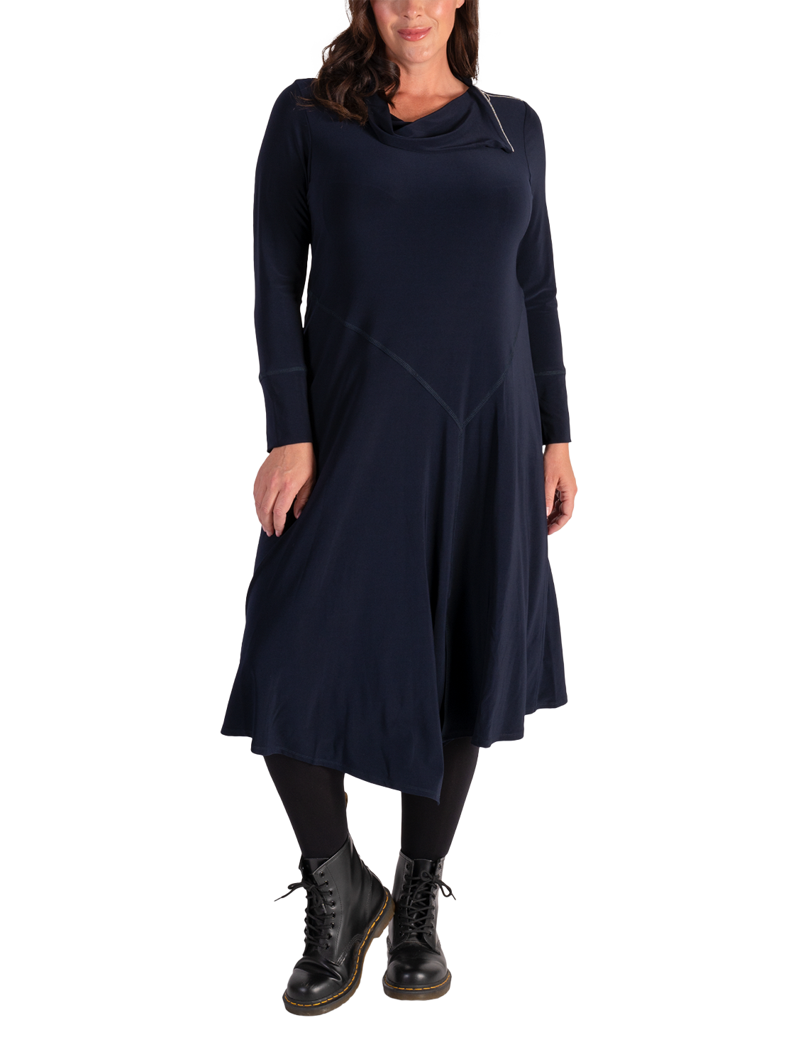 Product image 1 of 5, which shows chesca Zip Cowl Neck Jersey Dress, Navy, 12-14