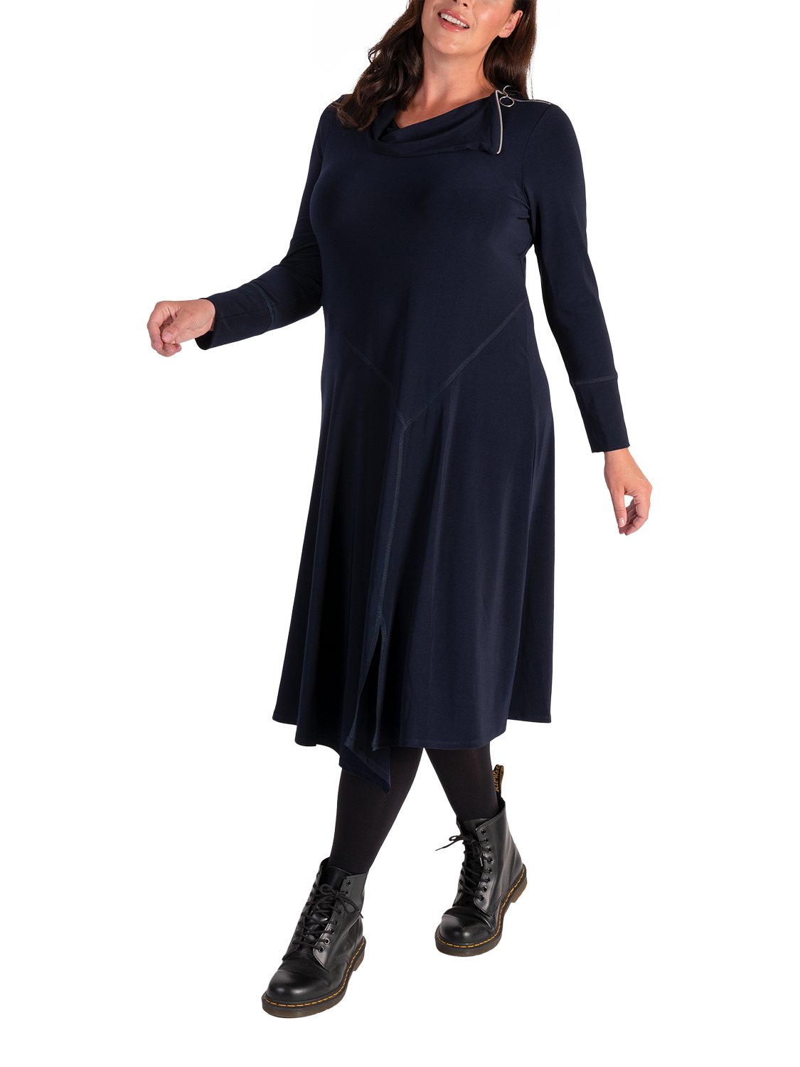 Product image 3 of 5, which shows chesca Zip Cowl Neck Jersey Dress, Navy, 12-14