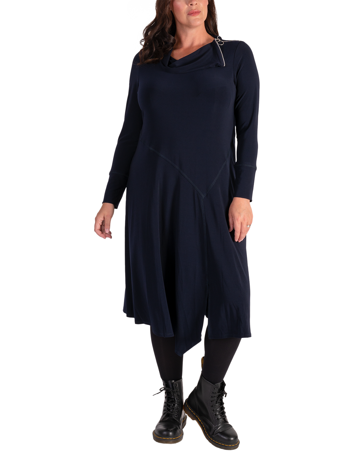 Product image 4 of 5, which shows chesca Zip Cowl Neck Jersey Dress, Navy, 12-14