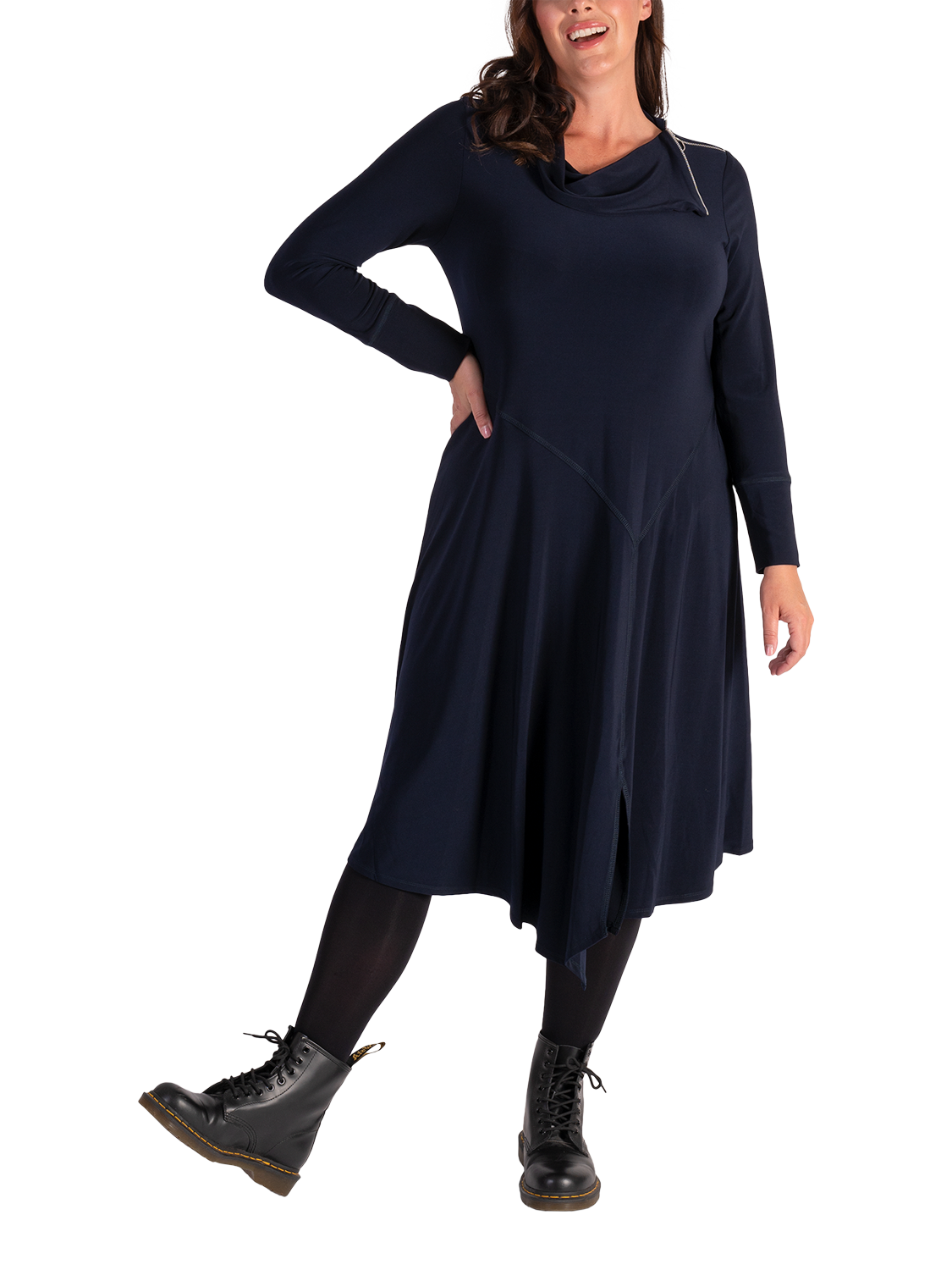 Product image 5 of 5, which shows chesca Zip Cowl Neck Jersey Dress, Navy, 12-14