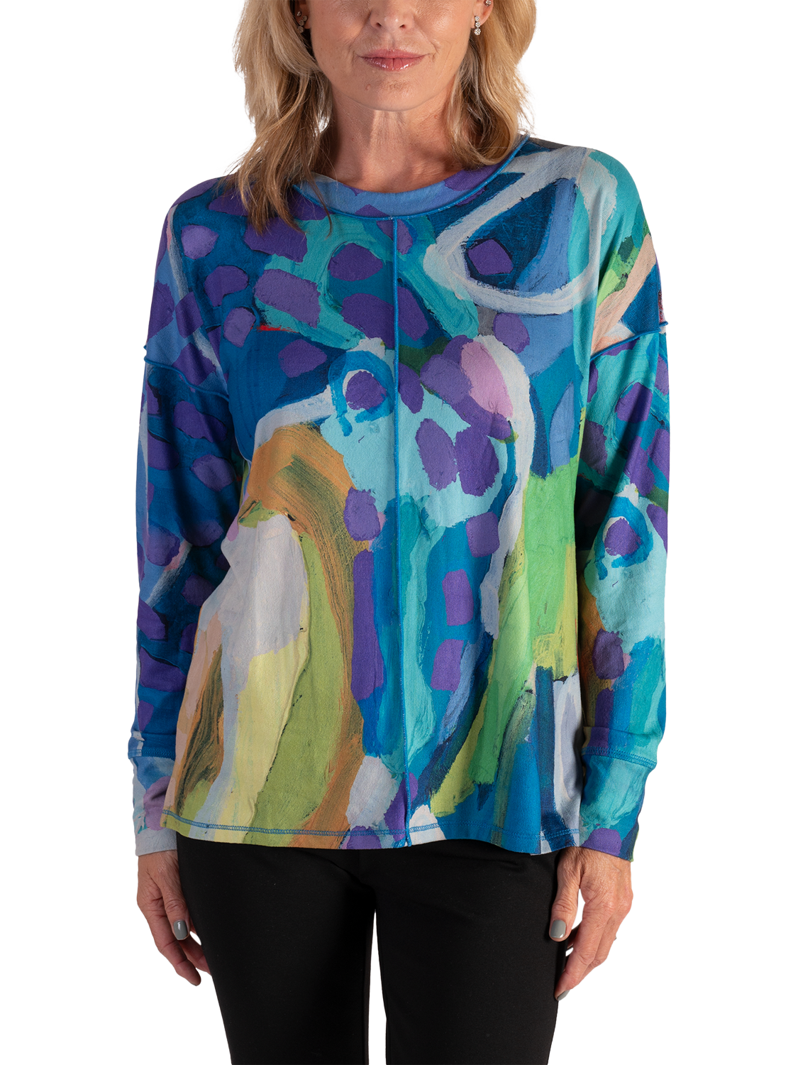 Product image 1 of 6, which shows chesca Sky Abstract Jersey Top, Sky/Lilac, 12-14