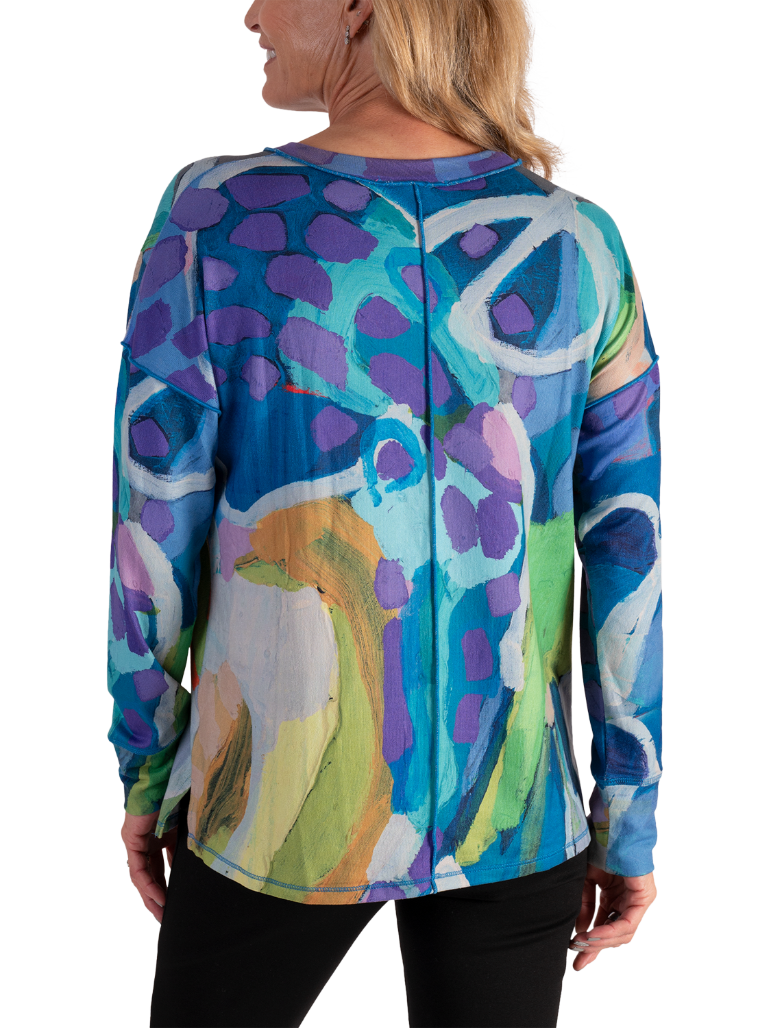 Product image 2 of 6, which shows chesca Sky Abstract Jersey Top, Sky/Lilac, 12-14