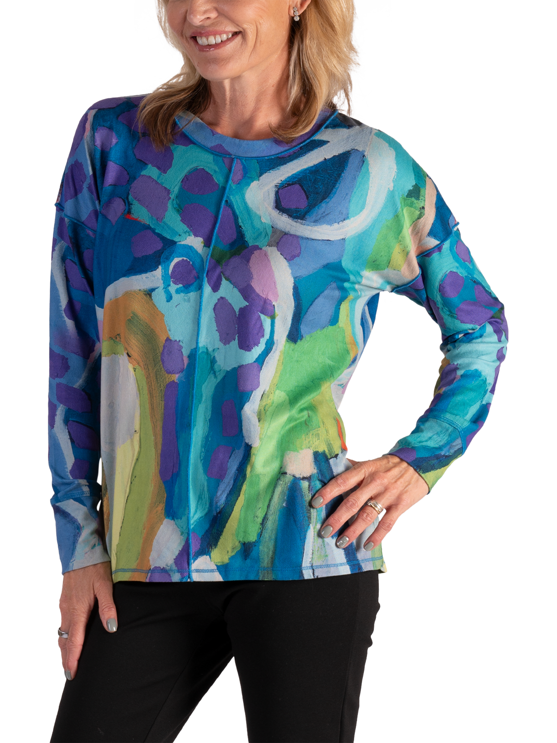 Product image 3 of 6, which shows chesca Sky Abstract Jersey Top, Sky/Lilac, 12-14