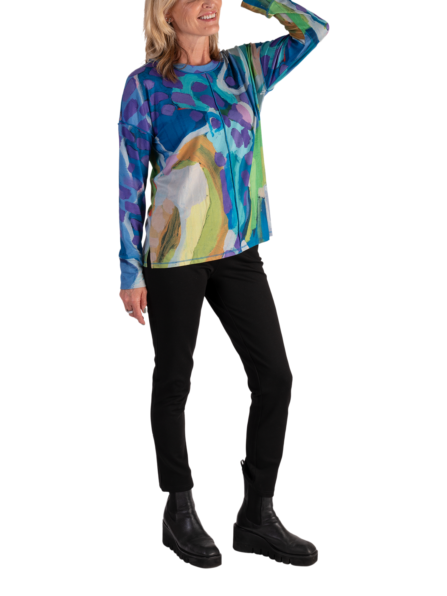 Product image 4 of 6, which shows chesca Sky Abstract Jersey Top, Sky/Lilac, 12-14