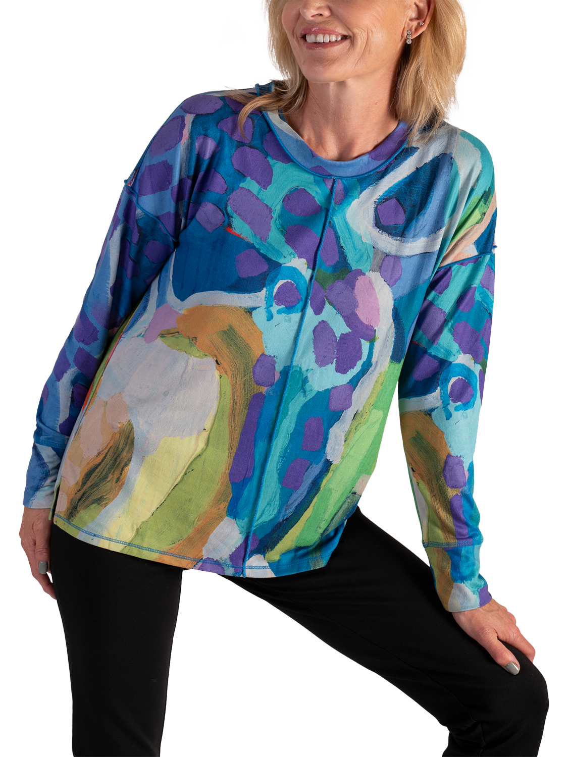Product image 6 of 6, which shows chesca Sky Abstract Jersey Top, Sky/Lilac, 12-14