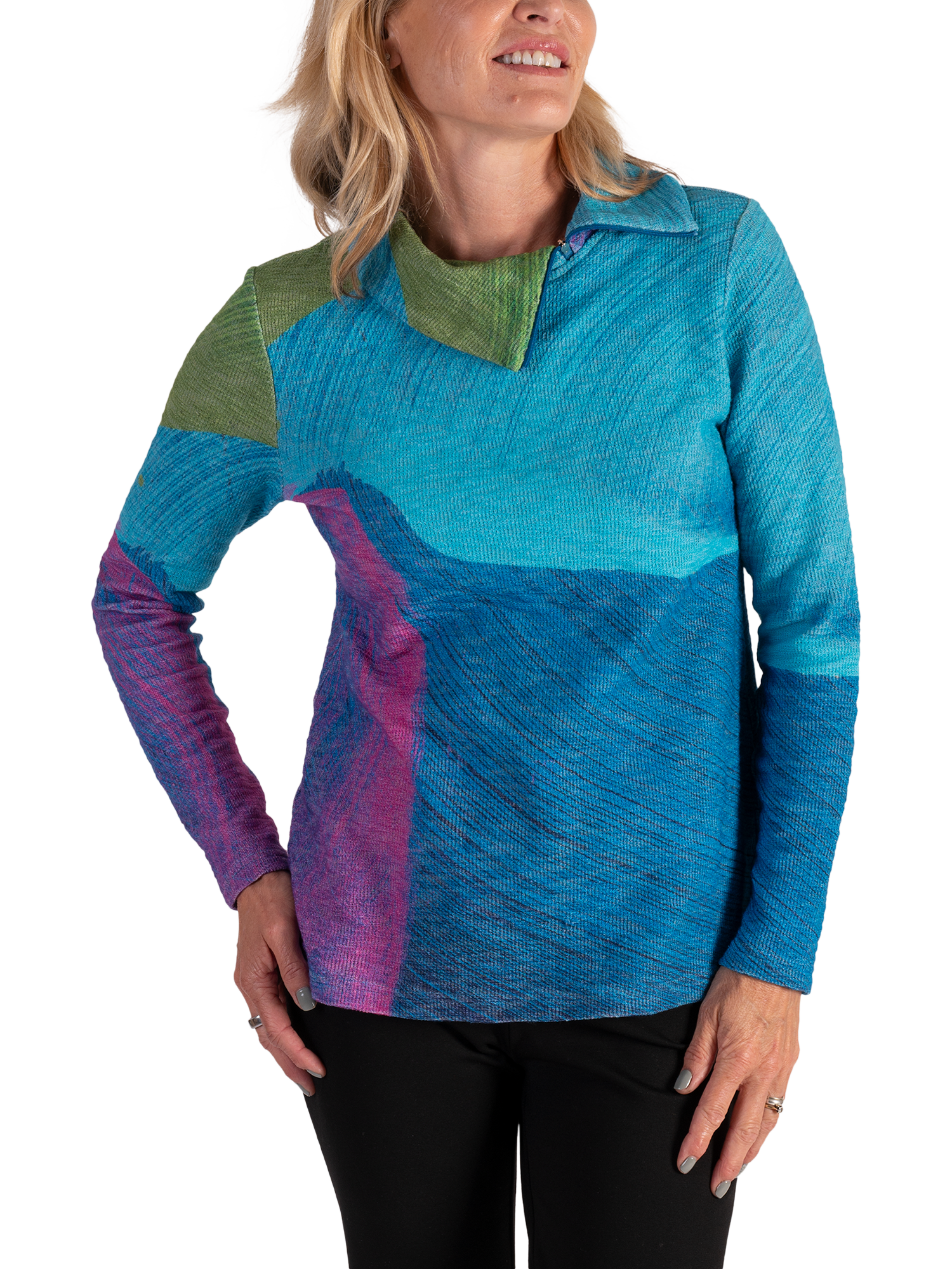 Product image 1 of 6, which shows chesca Sky Abstract Zip Neck Top, Sky/Green, 12