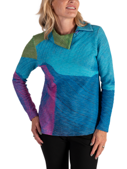 chesca Sky Abstract Zip Neck Top, Sky/Green, Sky/Green