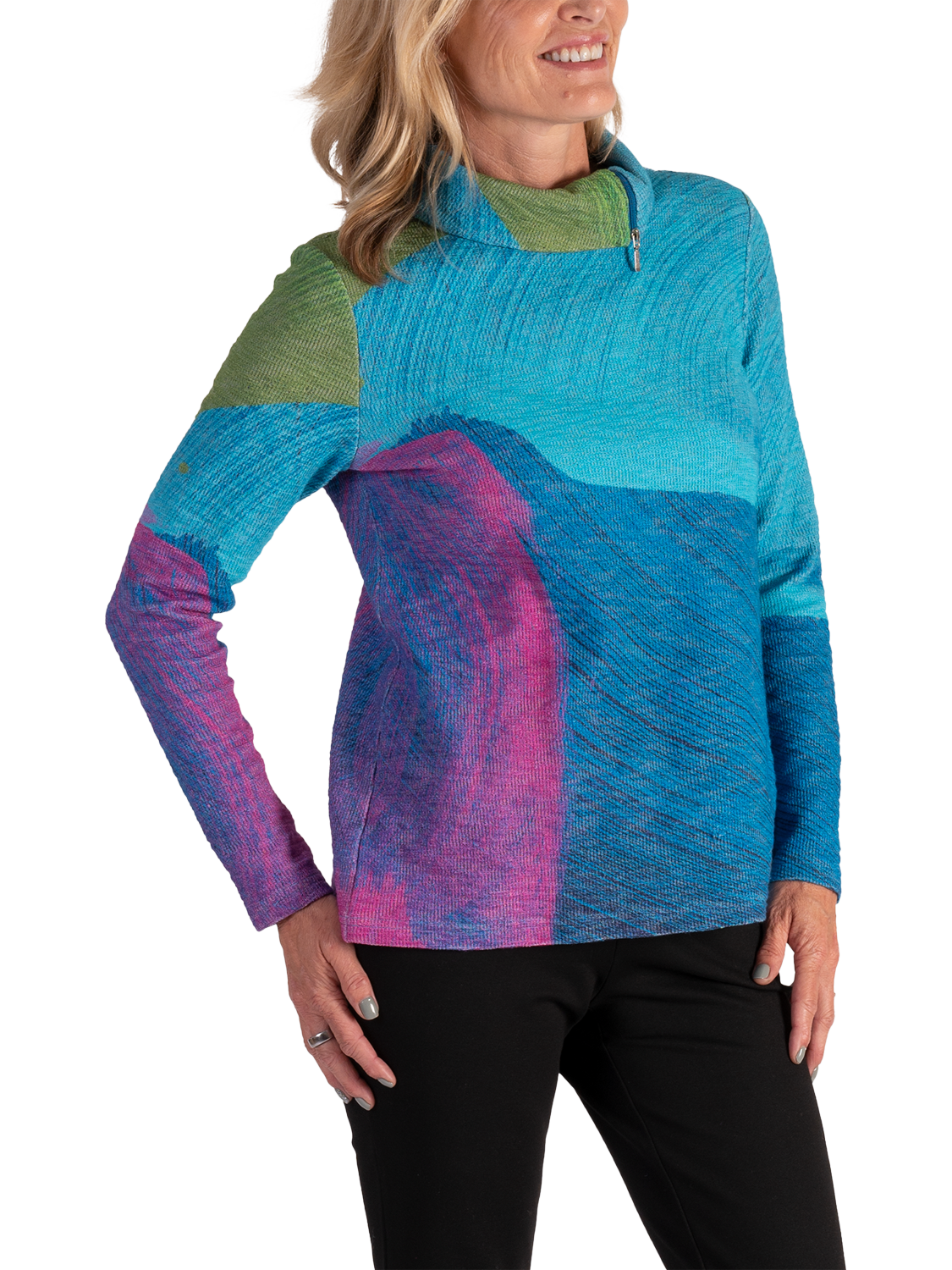 Product image 3 of 6, which shows chesca Sky Abstract Zip Neck Top, Sky/Green, 12