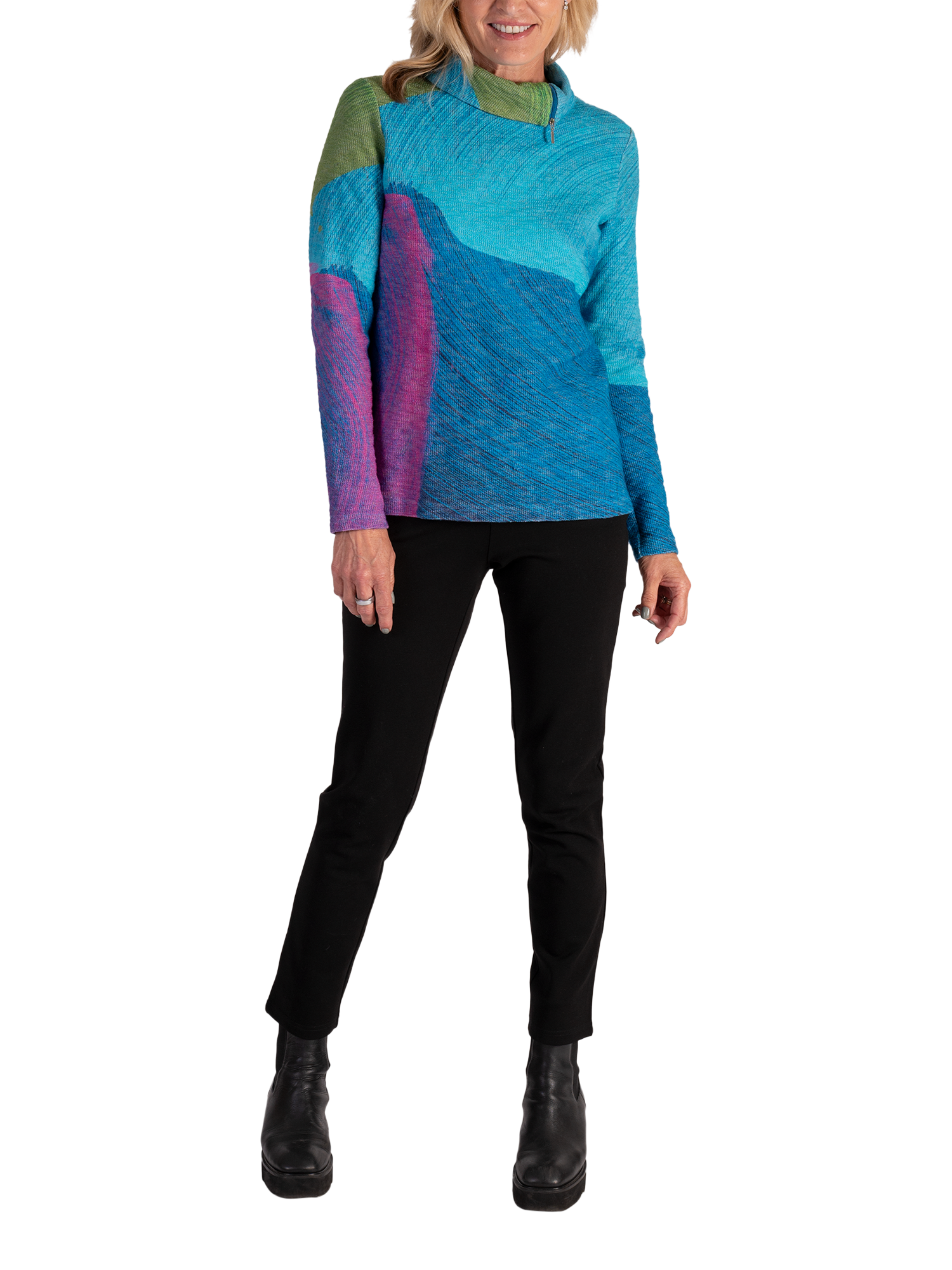 Product image 4 of 6, which shows chesca Sky Abstract Zip Neck Top, Sky/Green, 12