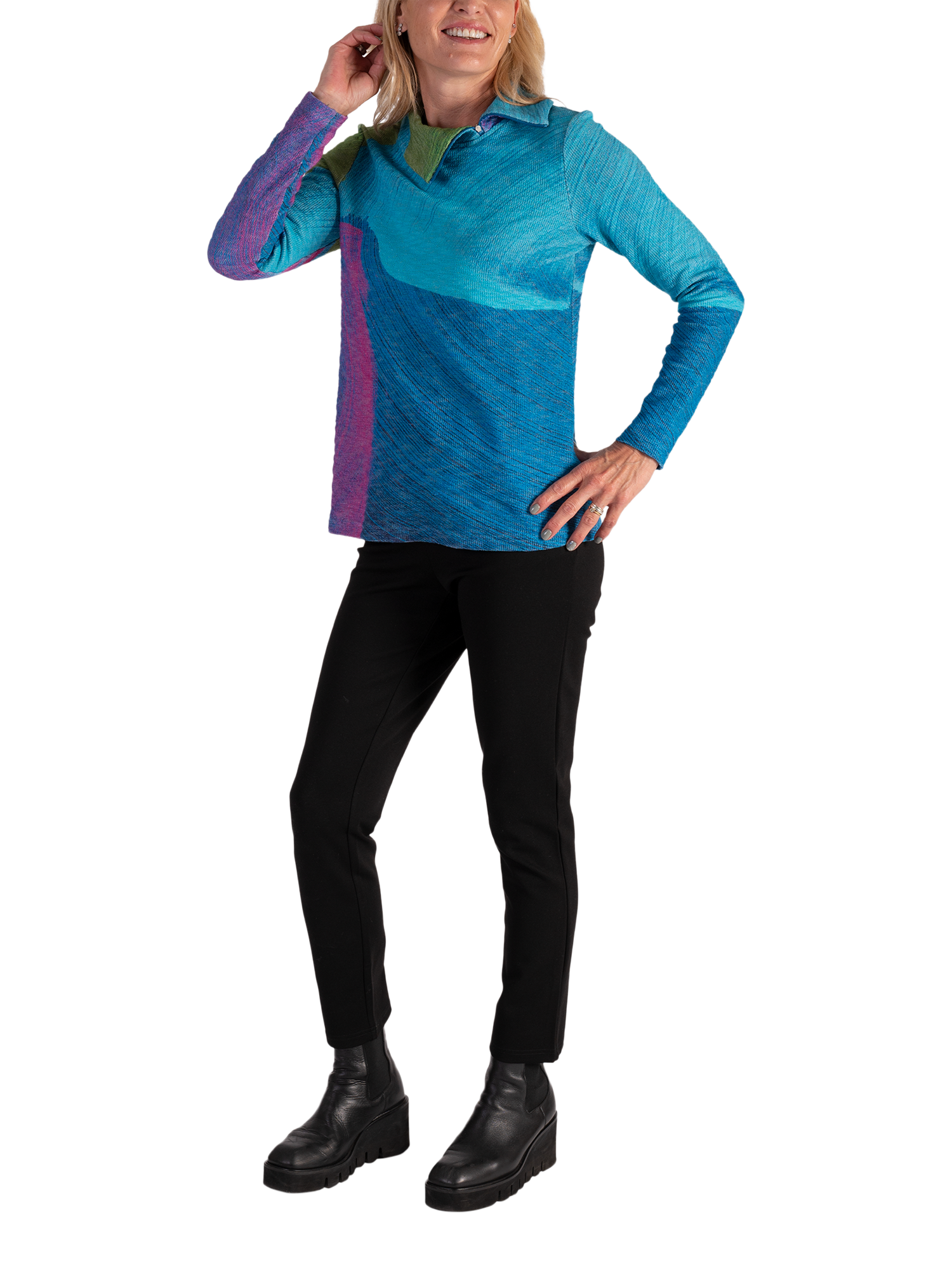 Product image 5 of 6, which shows chesca Sky Abstract Zip Neck Top, Sky/Green, 12