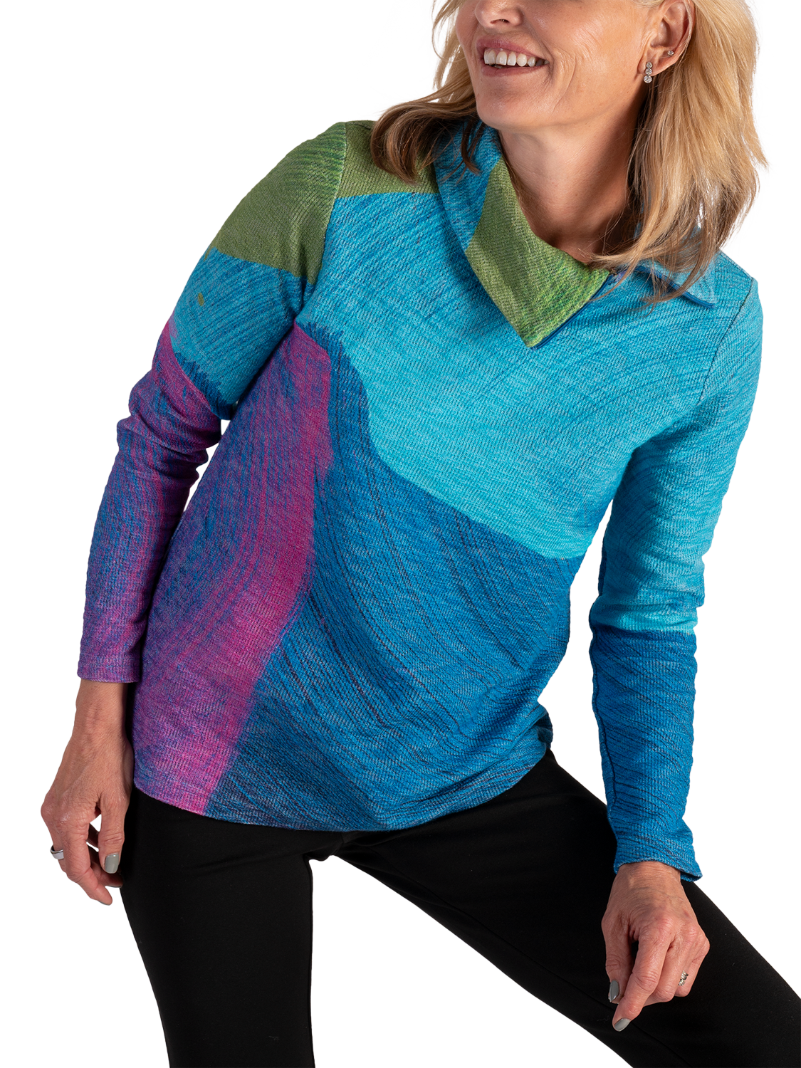Product image 6 of 6, which shows chesca Sky Abstract Zip Neck Top, Sky/Green, 12