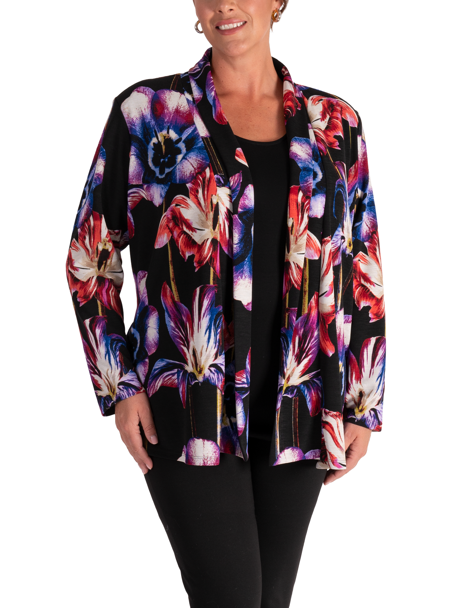 Product image 1 of 6, which shows chesca Tulip Print Open Neck Cardigan, Black/Multi, 12-14