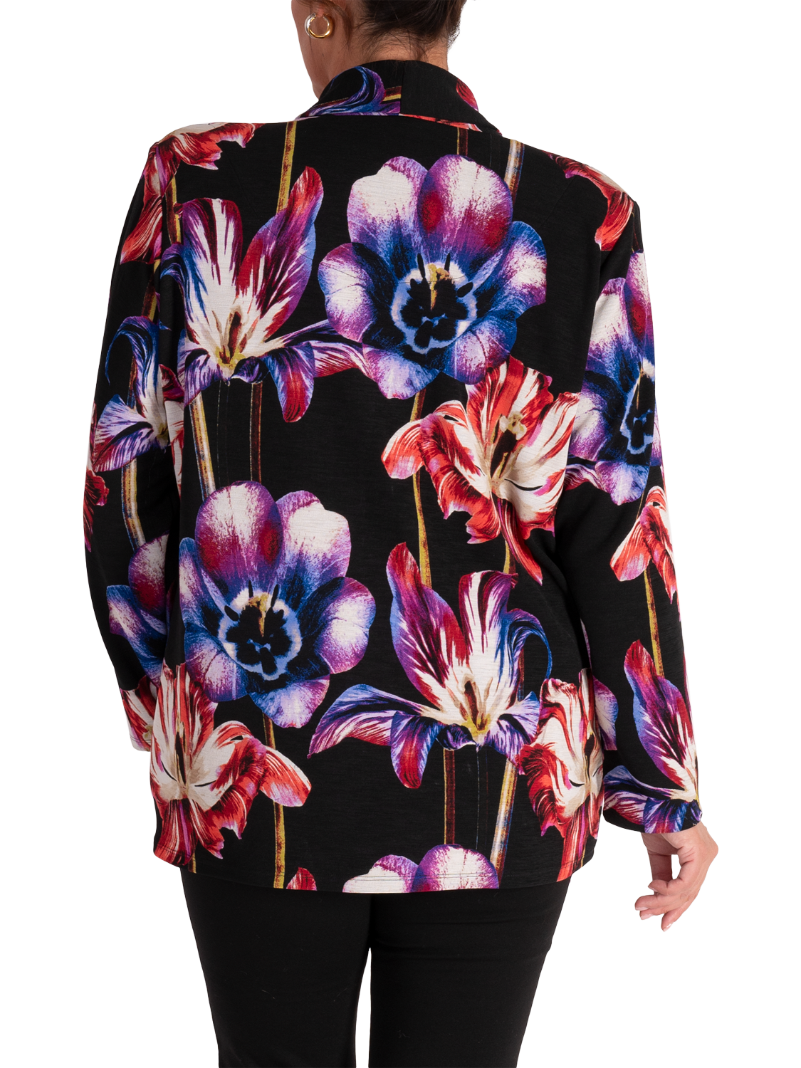 Product image 2 of 6, which shows chesca Tulip Print Open Neck Cardigan, Black/Multi, 12-14