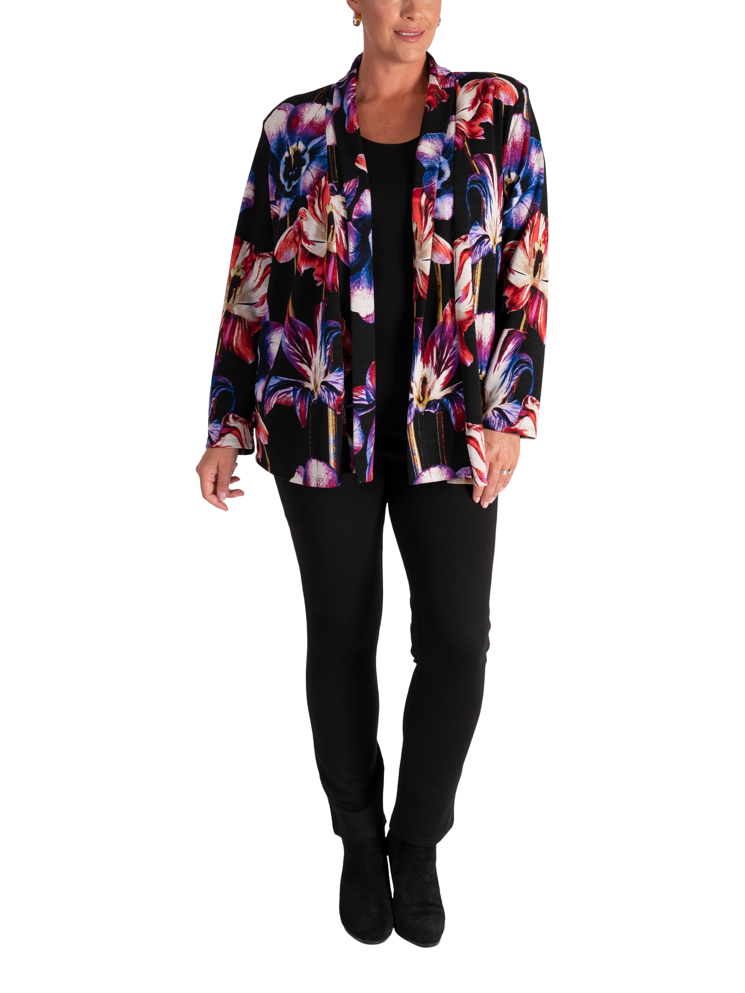 Product image 3 of 6, which shows chesca Tulip Print Open Neck Cardigan, Black/Multi, 12-14