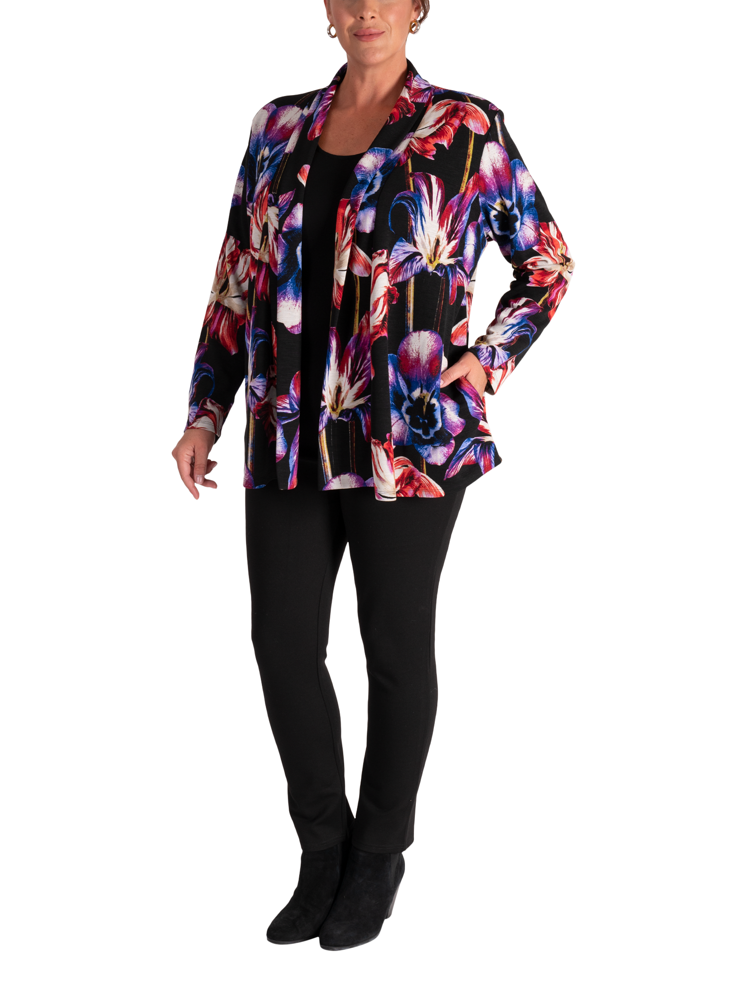 Product image 4 of 6, which shows chesca Tulip Print Open Neck Cardigan, Black/Multi, 12-14
