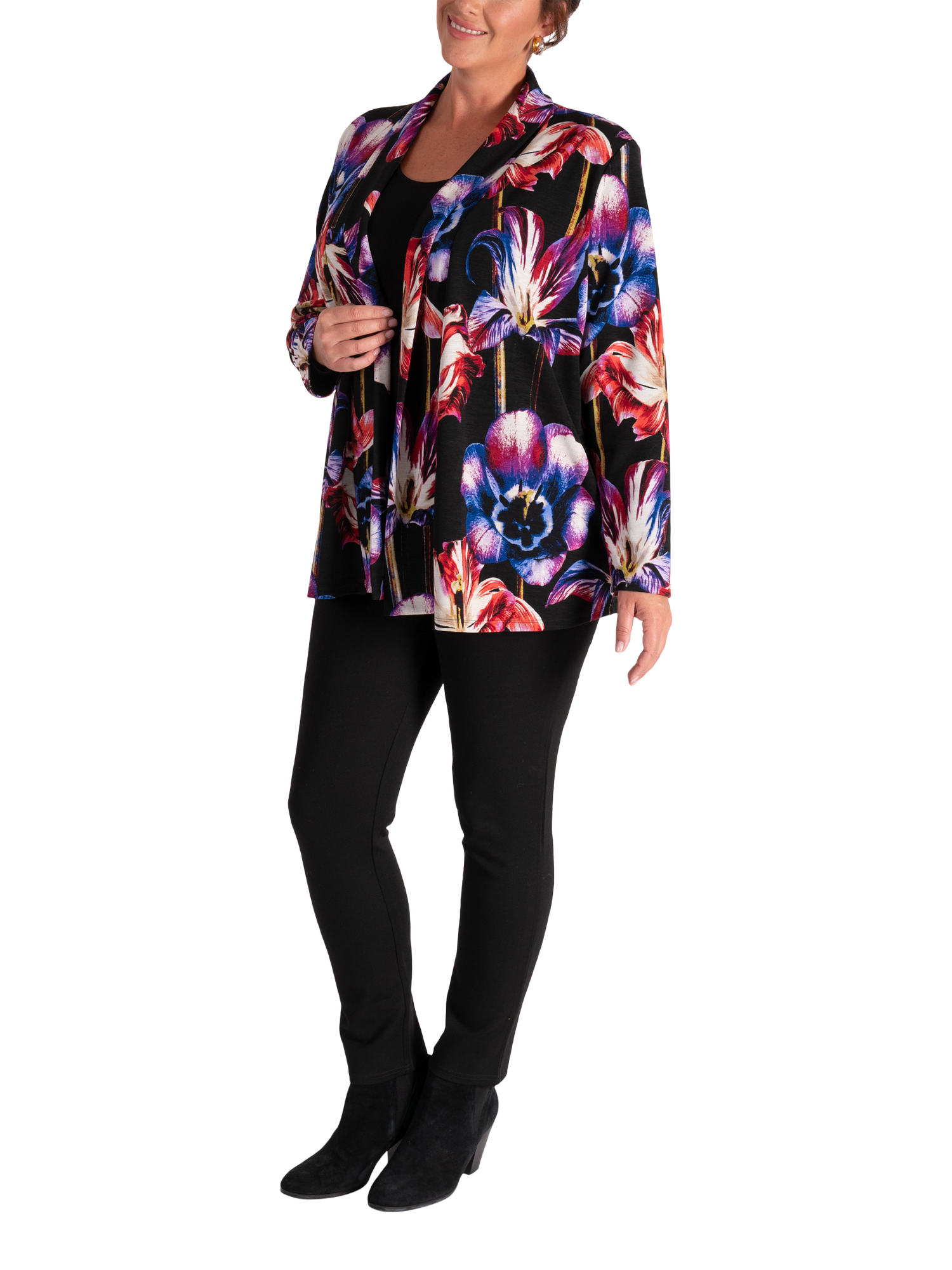 Product image 5 of 6, which shows chesca Tulip Print Open Neck Cardigan, Black/Multi, 12-14