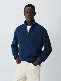 John Lewis Plated Waffle Knit Half Zip Jumper, Navy/Blue, Navy / Blue