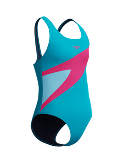Speedo Kids' Hyperboom Butterfly Back Swimsuit, Mayan Blue/Pink - view 2, Mayan Blue/Pink