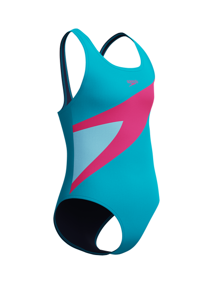 Speedo Kids' Hyperboom Butterfly Back Swimsuit, Mayan Blue/Pink - view 2, Mayan Blue/Pink