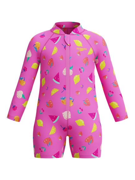 Speedo Kids' Long Sleeve Zipper Printed Swimsuit, Neon Flamingo, Neon Flamingo