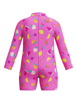 Speedo Kids' Long Sleeve Zipper Printed Swimsuit, Neon Flamingo - view 2, Neon Flamingo