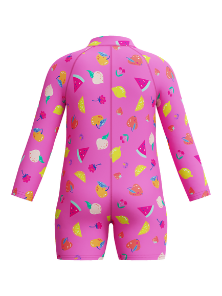 Speedo Kids' Long Sleeve Zipper Printed Swimsuit, Neon Flamingo - view 2, Neon Flamingo