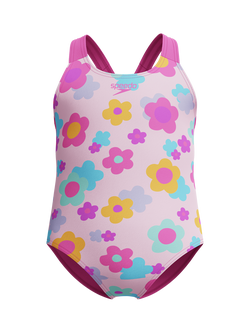 Speedo Kids' Floral Print Racerback Swimsuit, Neon Flamingo, Neon Flamingo