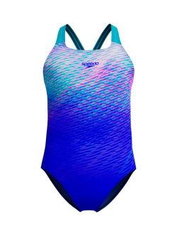Speedo Kids' Print Powerback Swimsuit, Sapphire/Mayan Blue, Sapphire/Mayan Blue