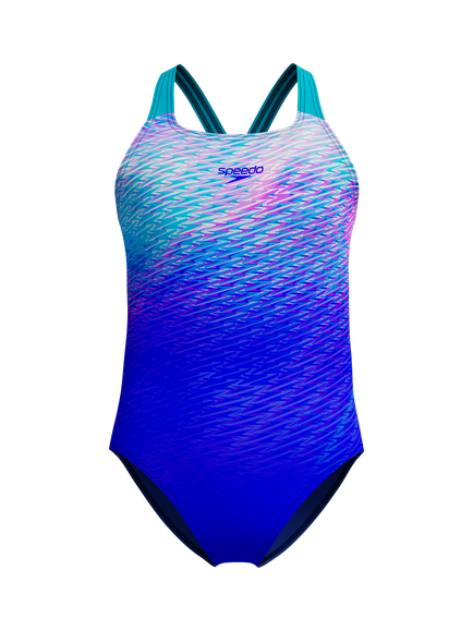 Speedo Kids' Print Powerback Swimsuit, Sapphire/Mayan Blue, Sapphire/Mayan Blue